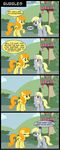  blonde_hair bubble bubbles bush carrot_top_(mlp) carrots comic cutie_mark cutiemark derpy_hooves_(mlp) dialog dialogue english_text equine female feral friendship_is_magic grass gray_body green_eyes grey_body hair horse mammal my_little_pony orange_hair outside pegasus pony tail text veggie55 wings yellow_body yellow_eyes 