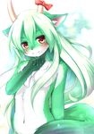  abstract_background black_nose blush canine chest_tuft fox green_hair hair horn ka keine_kamishirasawa long_green_hair long_hair looking_at_viewer nude red_eyes ribbons solo tail touhou 