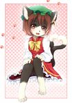  abstract_background black_nose brown_hair cat chen dress feline female hair hat ka looking_at_viewer ribbons short_brown_hair short_hair sitting skimpy solo touhou 