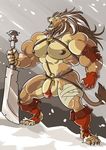  clothed clothing feline furious lion male mammal penis roar roaring skimpy snow solo sword unconvincing_armor warrior weapon 