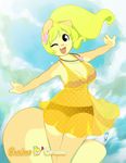  big_breasts bikini blonde_hair breasts cleavage clothed clothing cloud clouds dress female flower hair mammal miu necklace one_eye_closed open_mouth pink_nose pinup polka_dots pose rodent skimpy solo squirrel standing swimsuit tight_clothing translucent wink 