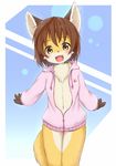  1girl abstract_background animal_ears blush bottomless brown_eyes brown_hair canine chest_tuft clothing cub female fox furry hair half_clothed happy ka kagerofu loli looking_at_viewer open_mouth pawprint pinup shirt short_brown_hair short_hair solo standing tail young 