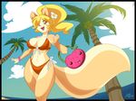  big_breasts big_thighs bikini blonde_hair breasts chalo cleavage clothed clothing cloud clouds coconut cream_(miu) female fluffy_tail hair long_hair looking_at_viewer mammal navel outside palm_tree ponytail purse rodent seaside skimpy sky solo squirrel standing swimsuit tail wide_hips 
