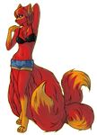  2011 avoid_posting bikini bikini_top bottomwear breasts canid canine clothed clothing denim denim_clothing female fox hi_res looking_at_viewer mammal midriff molly_fullin multi_tail navel shorts skimpy solo standing swimwear tail tatious 