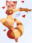  &hearts; anthro breasts brown brown_fur ceph female fur hair looking_at_viewer mammal nipples nude pawpads pink_hair pose raccoon raised_leg short_hair short_pink_hair skidd solo tail 