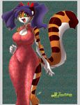 breasts chalo chinese_dress cleavage cleavage_cutout clothed clothing feline female green_eyes hair long_hair mammal open_mouth pigtails purple_hair solo tail tiger tiggs 
