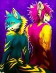  anthro back bioluminescence canine duo falvie feline female fionbri glowing glowing_markings goetia hybrid leopard male mammal markings sabastian shakti shakti_sarmeya wolf 