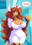  bovine breasts brown_hair cattle chalo cleavage clothed clothing cow dialog dialogue diana_linda english_text female green_eyes hair headdress horn huge_breasts long_brown_hair long_hair looking_at_viewer mammal milf mother nurse parent solo sponge tail text 