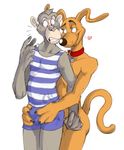  aroused blush bulge canine cartoon chimp chimpanzee claws clothed clothing crossover darwin dog duo gay interspecies looking_down male mammal monkey mutant_serpentina nude primate rugrats seductive smile spike_(rugrats) the_wild_thornberrys 