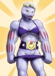  belt bikini blue breasts fangs female looking_at_viewer machoke muscles pok&eacute;mon red_eyes skimpy smile solo threadandclaws undressing 