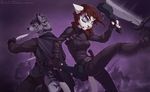  anthro blue_eyes caelan canine cat duo feline female green_eyes hair knife male mammal red_hair wolfy-nail 