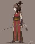  black_nose chinese_dress clothed clothing enrin feline female hair leopard long_black_hair long_hair mammal red_eyes simple_background solo spots standing sword weapon 