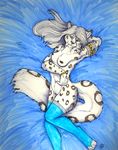  blue_eyes breasts feline female hair ishaway leopard long_hair mammal nipples nude pinup pose pussy snow_leopard solo 