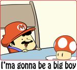  chair cute drug drugs english_text facial_hair hat human humor male mammal mario mario_bros mushroom mustache nintendo open_mouth plain_background plate solo table text tongue unknown_artist video_games white_background young 