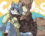  ambiguous_gender blue_hair canine cat clothed clothing dog english_text eye_contact feline hair hindpaw koimega looking_at_each_other mammal pawpads paws poking shirt sitting text 