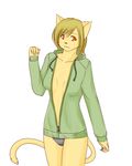  blonde_hair breasts cat cleavage clothed clothing diva feline female hair hoodie mammal panties plain_background shirt short_blonde_hair short_hair simple_background solo standing underwear white_background 