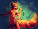  anthro black_nose brown_markings canine eyes_closed falvie fox fur green_background headphones male mammal midriff mp3_player music navel nude orange_fur plain_background pose ringed_tail solo standing stripes tail tobias 