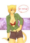  &dagger; anthro blonde_hair breasts buttons cat cleavage clothed clothing cross dialog dialogue diva english_text eyewear feline female glasses hair hi_res looking_at_viewer mammal necklace panties pink_nose pinup pose red_eyes shirt short_blonde_hair short_hair shorts solo standing text tomboy underwear 