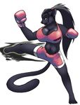  anthro big_breasts black_hair boxing_gloves breasts cindi_savaan cleavage clothed clothing feline female green_eyes hair huge_breasts inu-jean kick kickboxing long_hair mammal martial_arts midriff muscles muscular_female panther ponytail pose shirt shorts solo tail tank_top workout 