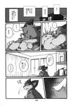  black_and_white chubby comic curtains door eyes_closed greyscale haru japanese_text looking_back male monochrome shinobu sleeping smile tail text translated translation_request unknown_species 