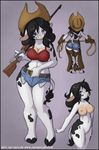  blue_eyes bovine breasts butt cattle chaps clothing cow cowboy_hat cutoffs denim_shorts female gloves gun hair hat jay_naylor lasso lever-action mammal markings nipples nude pussy ranged_weapon rifle rope rosabelle shorts solo spots tail tree weapon wood 