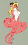 blonde_hair breasts claws coral_dragon_(character) digitigrade dragon female hair horn long_blonde_hair long_hair long_tail looking_at_viewer luckypan navel neolucky nipples nude pink pink_body prehensile_tail scalie solo spots tail 
