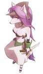  breasts canine cleavage clothed clothing female hair horn legend_of_mana long_hair long_purple_hair mammal navel perspective pinup plain_background pose purple_hair sandals sierra simple_background solo standing sword tail weapon white_background yow 