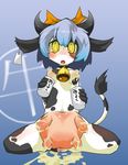  bell blue_hair blush bovine breasts cattle collar cow cow_girl crotchboob ear_tag female furry glass hair japanese_text kneeling lactating lactation looking_at_viewer mammal milk mukomizu nipples open_mouth pussy ribbon ribbons sitting solo teats text translation_request udders yellow_eyes 