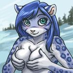  feline female green_eyes hair holding_breasts kacey leopard looking_at_viewer mammal nude seinkraft snow_leopard solo topless 