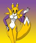  black_sclera breasts canine claws countershading digimon facial_markings female fox fur gradient_background mammal markings naturally_censored navel nude renamon solo tail teal_eyes thigh_gap uzzthehedgehog yellow yellow_fur 