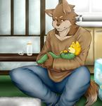  ? baby bench black_nose blush bottle brown_eyes canine clothed clothing cub duo eyes_closed fox good_parenting male mammal shirt sitting sleeping toku young 