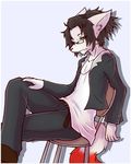  anthro belt black_hair canine chair clothed clothing eyewear fox glasses hair jacket male mammal pants pinup pose shirt shoes short_black_hair short_hair simple_background sitting solo 