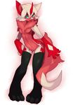  blue_eyes canine female fox hair higoro horn legwear looking_at_viewer mammal markings midriff pinup pose simple_background solo standing stockings white_hair 