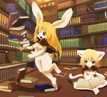  blush book breasts brown_eyes cape cat falling feline female hair kishibe lagomorph library long_blonde_hair long_hair mammal open_mouth rabbit reading shelf sitting standing 