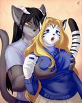  big_breasts black_hair black_nose blonde_hair blue_eyes breast_grab breasts canine clothing feline female fox from_behind grope hair horn kkmck long_black_hair long_blonde_hair long_hair male mammal open_mouth orange_eyes shirt standing straight stripes sweater 