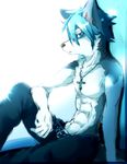  &dagger; ayaka belt black_nose blue_eyes blue_hair canine clothed clothing cross dog fur grey_fur hair half-dressed husky looking_at_viewer male mammal necklace pants short_blue_hair short_hair sitting solo topless white_fur 