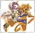  blush boots breasts canine cat cleavage clothed clothing danae feline female fingerless_gloves floating gloves green_eyes kishibe legend_of_mana looking_at_viewer mammal pants purple_eyes sandals shirt sierra sword tail weapon 
