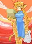  bag big_breasts black_nose box breasts chinese_dress cloud clouds eyewear feline female glasses green_eyes looking_at_viewer mammal solo standing tiger wide_hips 