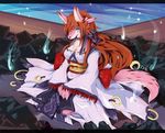  blue_eyes breasts canine cleavage clothed clothing dragoon86 facial_markings female fox hair japanese_clothing kimono long_hair long_red_hair looking_at_viewer mammal markings red_hair ribbons solo tail water 