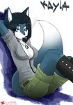 belt black_nose blue_eyes blue_hair boots breasts canine cigarette cleavage clothed clothing dog_tags female fox hair kayla kayla_(character) looking_at_viewer mammal pinup pose raised_arm redwolfxlll shirt shorts sitting smoke smoking solo tail tomboy 