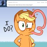  ask_jappleack blonde_hair cowboy_hat equine female feral freckles friendship_is_magic green_eyes hair hat horse hotdiggedydemon jappleack long_hair long_tongue mammal my_little_pony pony ponytail solo tongue tongue_out tumblr 