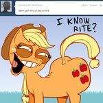  applejack_(mlp) ask_jappleack blonde_hair butt cowboy_hat cutie_mark equine female feral friendship_is_magic fruit green_eyes hair hat horse hotdiggedydemon jappleack long_hair looking_back mammal my_little_pony open_mouth pony ponytail solo tail tumblr 