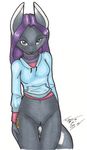  black_fur bottomless canine clothed clothing collar female fur hair half-dressed hoodie jackal joshua_frinkle looking_at_viewer mammal os plain_background purple_hair pussy skimpy solo tail white_background 