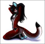  android ara arms_above_head black_hair blue_eyes blush breasts butt cat cyborg dagger_leonelli dagger_leonelli_(artist) feline female fur hair hindpaw kneeling long_hair mammal nipples nude paws plain_background red_fur side_boob solo tail unknown_species white_background 