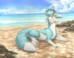  beach bikini bottomless breasts canine chest_tuft clothed clothing collar female fox foxtaur fur green_fur hindpaw kacey mammal navel paws purple_eyes seashell seaside shell skimpy solo swimsuit tail taur tight_clothing tuft undressing water 