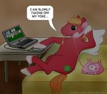  bed big_macintosh_(mlp) blonde_hair card computer_mouse cutie_mark dialog equine feral friendship_is_magic fruit green_eyes hair hooves horse male mammal my_little_pony notebook orange_hair phone phone_sex pillow playing_card pony red_body ryedeer-photo solitaire solo table tail telephone text 