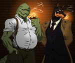  &#12491;&#12519;&#12491;&#12519; ???? anthro belt canine chubby cigarette clothed clothing coat crocodile dog duo english_text fire lighter looking_at_viewer male mammal necktie pants pose reptile scalie shirt smoking standing suit text 