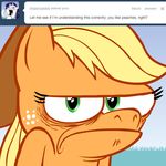  ask_jappleack blonde_hair cowboy_hat equine female feral freckles friendship_is_magic frown green_eyes hair hat horse hotdiggedydemon jappleack long_hair mammal my_little_pony pony solo tumblr 