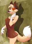  abstract_background anthro black_nose breasts canine eye_patch eyewear female fox hi_res looking_at_viewer mammal nail_(character) orange_eyes pinup portzebie pose scar smile solo standing tail towel 