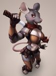  anthro breasts cleavage clothed clothing ear_piercing earring female gloves leather legwear loincloth looking_at_viewer mammal perspective piercing pink_nose pinup pose rat red_eyes rodent scabbard sesska skirt solo sword tail toeless_socks veramundis warrior weapon 